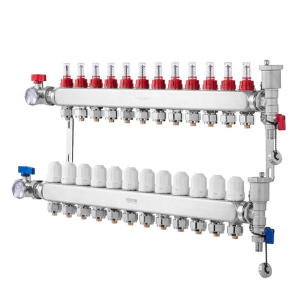 12-Branch Radiant Heat Manifold, 1/2" PEX Tubing Manifold, Stainless Steel PEX Manifold for Hydronic Radiant Floor Heating, Radiant Heat PEX Manifold Kit with 1/2" Adapters Included.