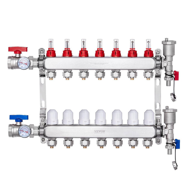 7-Branch Radiant Heat Manifold, 1/2" PEX Tubing Manifold, Stainless Steel PEX Manifold for Hydronic Radiant Floor Heating, Radiant Heat PEX Manifold Kit with 1/2" Adapters Included.