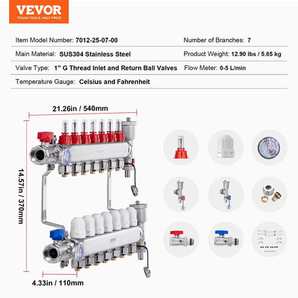 7-Branch Radiant Heat Manifold, 1/2" PEX Tubing Manifold, Stainless Steel PEX Manifold for Hydronic Radiant Floor Heating, Radiant Heat PEX Manifold Kit with 1/2" Adapters Included.