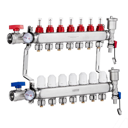 7-Branch Radiant Heat Manifold, 1/2" PEX Tubing Manifold, Stainless Steel PEX Manifold for Hydronic Radiant Floor Heating, Radiant Heat PEX Manifold Kit with 1/2" Adapters Included.