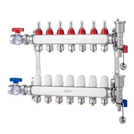 7-Branch Radiant Heat Manifold, 1/2" PEX Tubing Manifold, Stainless Steel PEX Manifold for Hydronic Radiant Floor Heating, Radiant Heat PEX Manifold Kit with 1/2" Adapters Included.