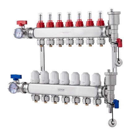 7-Branch Radiant Heat Manifold, 1/2" PEX Tubing Manifold, Stainless Steel PEX Manifold for Hydronic Radiant Floor Heating, Radiant Heat PEX Manifold Kit with 1/2" Adapters Included.