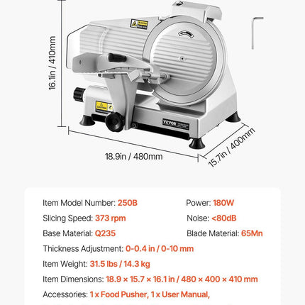 Meat Slicer 180W 250 mm Electric Deli Food Slicer for Meat Bread Cheese.