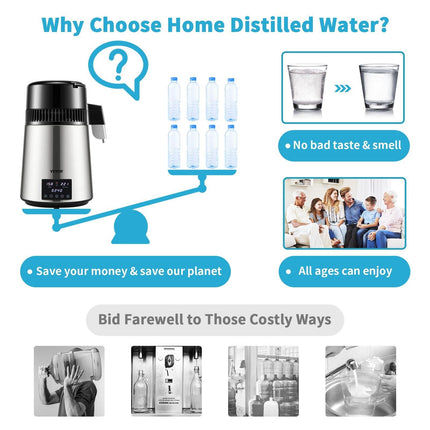 4L Water Distiller 1.5L/H Distilled Water Maker Timing Dual-Temp Silver.