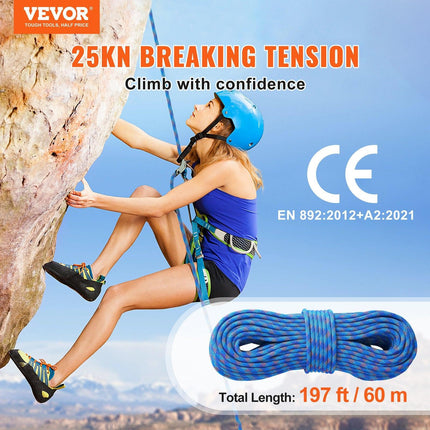 VEVOR 10.2mm Dynamic Climbing Rope, 60M(197ft) Outdoor Rock Climbing Rope 25KN Breaking Tension, Stretchable Fiber Rope with Steel Snap Hooks for Escape, Rappelling, Fire Rescue, Blue.