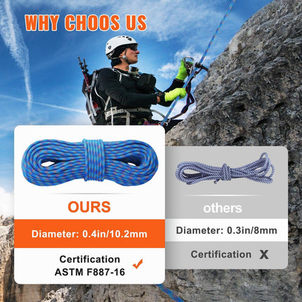 VEVOR 10.2mm Dynamic Climbing Rope, 60M(197ft) Outdoor Rock Climbing Rope 25KN Breaking Tension, Stretchable Fiber Rope with Steel Snap Hooks for Escape, Rappelling, Fire Rescue, Blue.