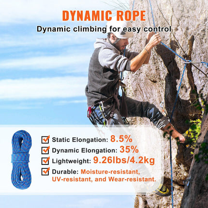 VEVOR 10.2mm Dynamic Climbing Rope, 60M(197ft) Outdoor Rock Climbing Rope 25KN Breaking Tension, Stretchable Fiber Rope with Steel Snap Hooks for Escape, Rappelling, Fire Rescue, Blue.