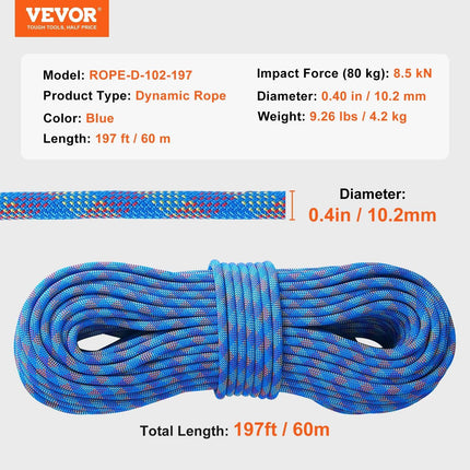 VEVOR 10.2mm Dynamic Climbing Rope, 60M(197ft) Outdoor Rock Climbing Rope 25KN Breaking Tension, Stretchable Fiber Rope with Steel Snap Hooks for Escape, Rappelling, Fire Rescue, Blue.