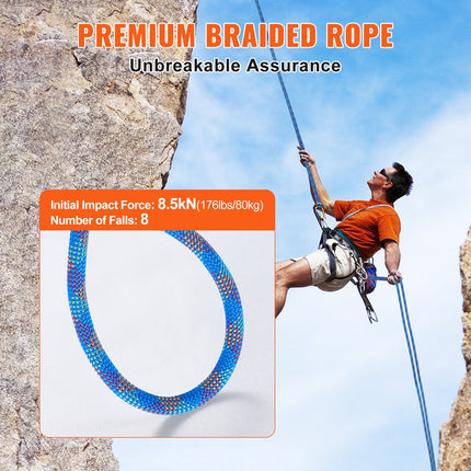 10.2mm Dynamic Climbing Rope, 70M(230ft) Outdoor Rock Climbing Rope 25KN Breaking Tension, Stretchable Fiber Rope with Steel Snap Hooks for Escape, Rappelling, Fire Rescue, Blue.
