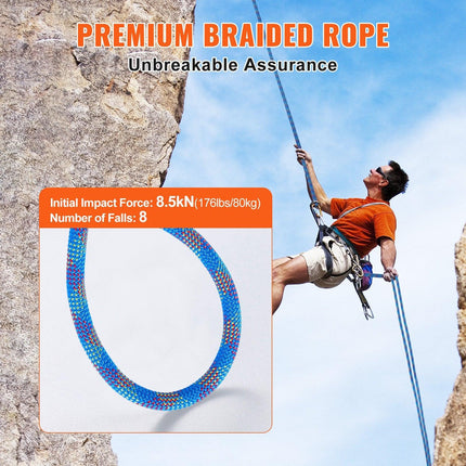10.2mm Dynamic Climbing Rope, 70M(230ft) Outdoor Rock Climbing Rope 25KN Breaking Tension, Stretchable Fiber Rope with Steel Snap Hooks for Escape, Rappelling, Fire Rescue, Blue.