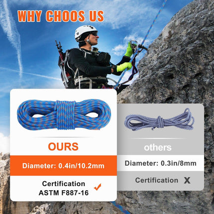 10.2mm Dynamic Climbing Rope, 70M(230ft) Outdoor Rock Climbing Rope 25KN Breaking Tension, Stretchable Fiber Rope with Steel Snap Hooks for Escape, Rappelling, Fire Rescue, Blue.