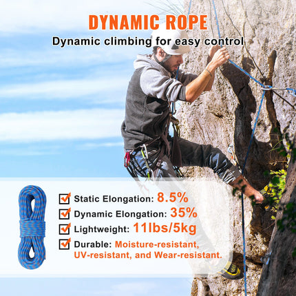 10.2mm Dynamic Climbing Rope, 70M(230ft) Outdoor Rock Climbing Rope 25KN Breaking Tension, Stretchable Fiber Rope with Steel Snap Hooks for Escape, Rappelling, Fire Rescue, Blue.
