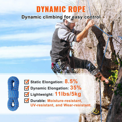 10.2mm Dynamic Climbing Rope, 70M(230ft) Outdoor Rock Climbing Rope 25KN Breaking Tension, Stretchable Fiber Rope with Steel Snap Hooks for Escape, Rappelling, Fire Rescue, Blue.