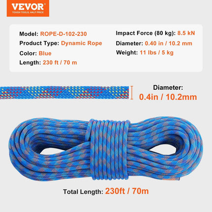 10.2mm Dynamic Climbing Rope, 70M(230ft) Outdoor Rock Climbing Rope 25KN Breaking Tension, Stretchable Fiber Rope with Steel Snap Hooks for Escape, Rappelling, Fire Rescue, Blue.