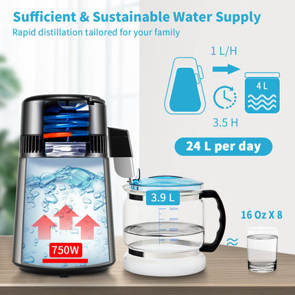 4L Water Distiller Distilled Water Maker 1 L/H w/ Timing Dual-Temp Silver.