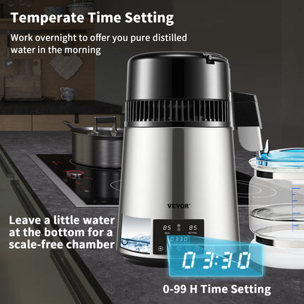 4L Water Distiller Distilled Water Maker 1 L/H w/ Timing Dual-Temp Silver.