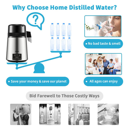 4L Water Distiller Distilled Water Maker 1 L/H w/ Timing Dual-Temp Silver.