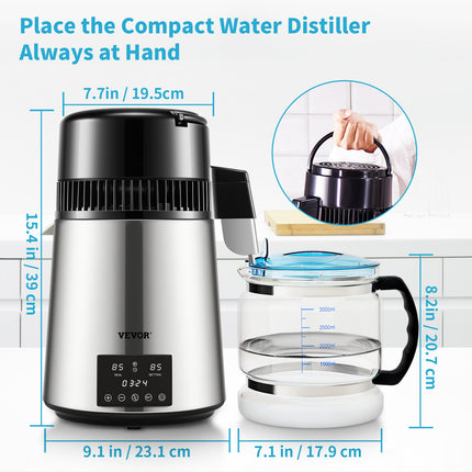 4L Water Distiller Distilled Water Maker 1 L/H w/ Timing Dual-Temp Silver.