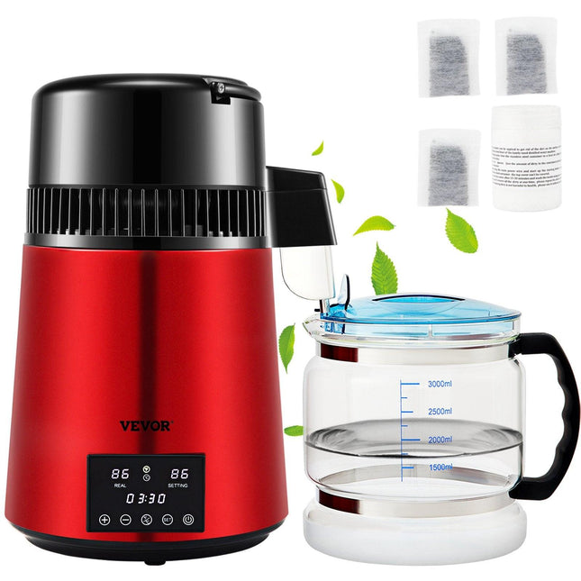 4L Water Distiller Distilled Water Maker 1 L/H w/ Timing Dual Temp Red.