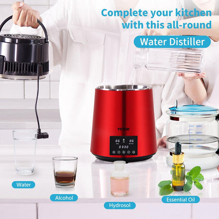 4L Water Distiller Distilled Water Maker 1 L/H w/ Timing Dual Temp Red.