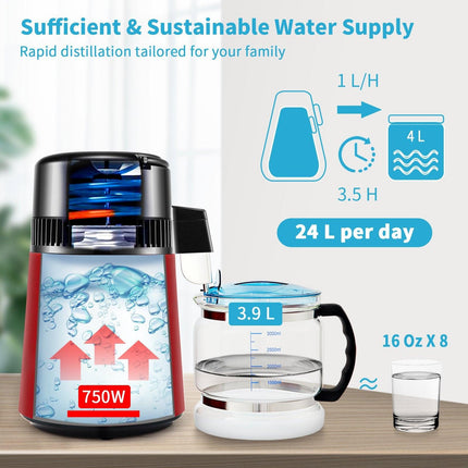 4L Water Distiller Distilled Water Maker 1 L/H w/ Timing Dual Temp Red.
