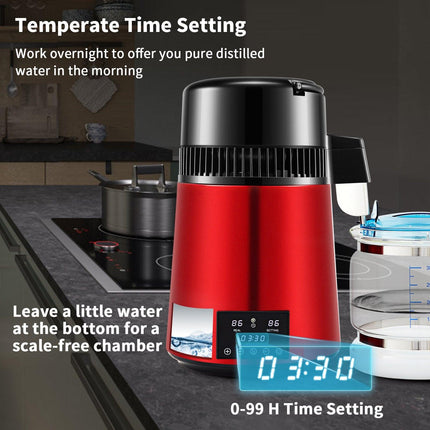 4L Water Distiller Distilled Water Maker 1 L/H w/ Timing Dual Temp Red.
