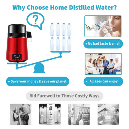 4L Water Distiller Distilled Water Maker 1 L/H w/ Timing Dual Temp Red.