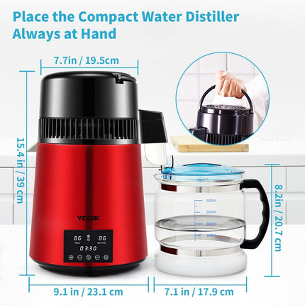 4L Water Distiller Distilled Water Maker 1 L/H w/ Timing Dual Temp Red.