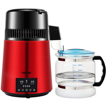 4L Water Distiller Distilled Water Maker 1 L/H w/ Timing Dual Temp Red.