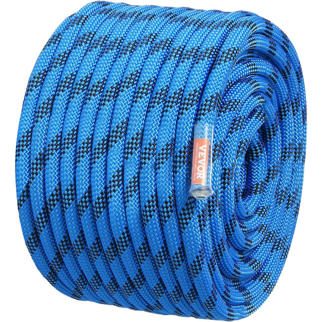 12.7mm Static Climbing Rope, 45.7M(150ft) Outdoor Rock Climbing Rope 30KN Breaking Tension, Fiber Rope with Steel Snap Hooks for Escape, Rappelling, Fire Rescue, Blue.