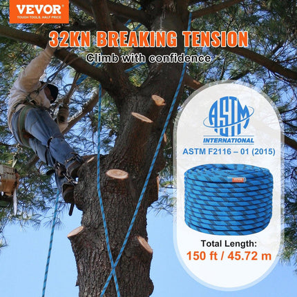 12.7mm Static Climbing Rope, 45.7M(150ft) Outdoor Rock Climbing Rope 30KN Breaking Tension, Fiber Rope with Steel Snap Hooks for Escape, Rappelling, Fire Rescue, Blue.