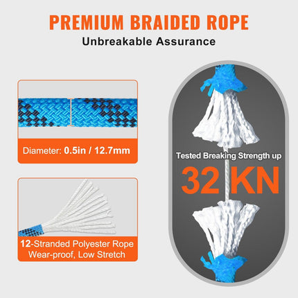 12.7mm Static Climbing Rope, 45.7M(150ft) Outdoor Rock Climbing Rope 30KN Breaking Tension, Fiber Rope with Steel Snap Hooks for Escape, Rappelling, Fire Rescue, Blue.