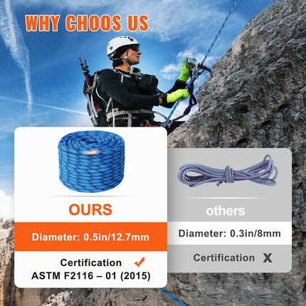 12.7mm Static Climbing Rope, 45.7M(150ft) Outdoor Rock Climbing Rope 30KN Breaking Tension, Fiber Rope with Steel Snap Hooks for Escape, Rappelling, Fire Rescue, Blue.