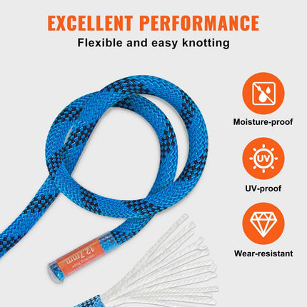 12.7mm Static Climbing Rope, 45.7M(150ft) Outdoor Rock Climbing Rope 30KN Breaking Tension, Fiber Rope with Steel Snap Hooks for Escape, Rappelling, Fire Rescue, Blue.
