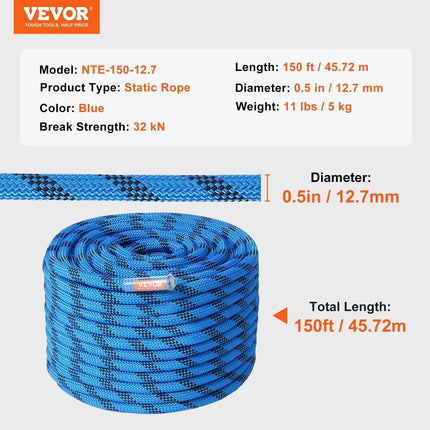 12.7mm Static Climbing Rope, 45.7M(150ft) Outdoor Rock Climbing Rope 30KN Breaking Tension, Fiber Rope with Steel Snap Hooks for Escape, Rappelling, Fire Rescue, Blue.