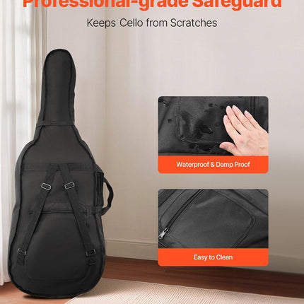 4/4 Full Size Cello Case, Nylon Waterproof, Lightweight Portable Travel Carrying Bag, with Reinforced Handle, Dual Shoulder Straps, Anti-Scratch, Professional Cello-Shape, for Cello, Black.