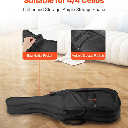 4/4 Full Size Cello Case, Nylon Waterproof, Lightweight Portable Travel Carrying Bag, with Reinforced Handle, Dual Shoulder Straps, Anti-Scratch, Professional Cello-Shape, for Cello, Black.