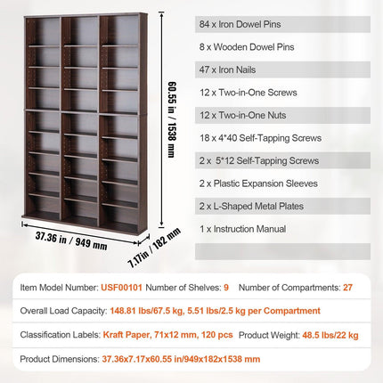 Media Storage Cabinet, 9-layer DVD Shelf Holds up to 756 CDs, Adjustable CD Shelves 27 Compartments, Protects & Organizes Music, Movie, Video Games or Memorabilia Collections, Espresso.