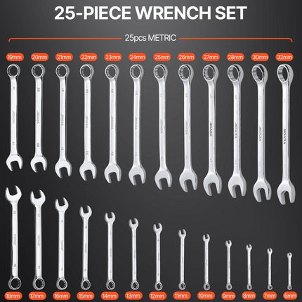 Combination Wrench Set 25-Piece Metric 6 mm to 32 mm with Roll-up Pouch.