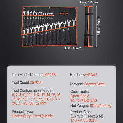 Combination Wrench Set 25-Piece Metric 6 mm to 32 mm with Roll-up Pouch.