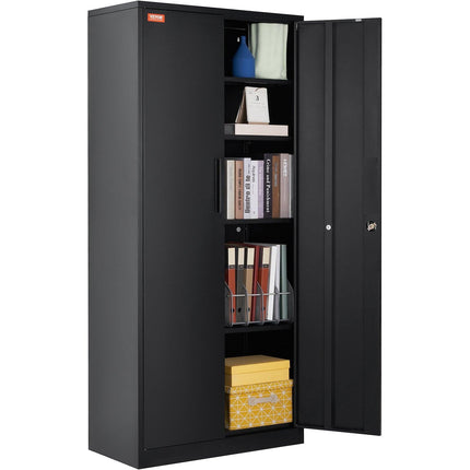 Metal Storage Cabinet with 2 Magnetic Doors and 4 Adjustable Shelves, 90 kg Capacity per Shelf, Locking Steel Storage Cabinet, 1.8 m Metal Cabinet with 3 Keys, for Office, Garage, Home, Black.