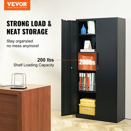 Metal Storage Cabinet with 2 Magnetic Doors and 4 Adjustable Shelves, 90 kg Capacity per Shelf, Locking Steel Storage Cabinet, 1.8 m Metal Cabinet with 3 Keys, for Office, Garage, Home, Black.