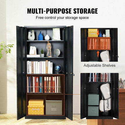 Metal Storage Cabinet with 2 Magnetic Doors and 4 Adjustable Shelves, 90 kg Capacity per Shelf, Locking Steel Storage Cabinet, 1.8 m Metal Cabinet with 3 Keys, for Office, Garage, Home, Black.
