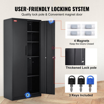 Metal Storage Cabinet with 2 Magnetic Doors and 4 Adjustable Shelves, 90 kg Capacity per Shelf, Locking Steel Storage Cabinet, 1.8 m Metal Cabinet with 3 Keys, for Office, Garage, Home, Black.