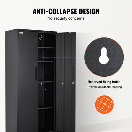 Metal Storage Cabinet with 2 Magnetic Doors and 4 Adjustable Shelves, 90 kg Capacity per Shelf, Locking Steel Storage Cabinet, 1.8 m Metal Cabinet with 3 Keys, for Office, Garage, Home, Black.