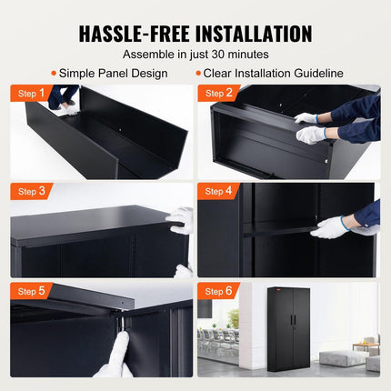 Metal Storage Cabinet with 2 Magnetic Doors and 4 Adjustable Shelves, 90 kg Capacity per Shelf, Locking Steel Storage Cabinet, 1.8 m Metal Cabinet with 3 Keys, for Office, Garage, Home, Black.