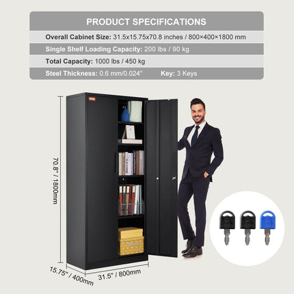 Metal Storage Cabinet with 2 Magnetic Doors and 4 Adjustable Shelves, 90 kg Capacity per Shelf, Locking Steel Storage Cabinet, 1.8 m Metal Cabinet with 3 Keys, for Office, Garage, Home, Black.