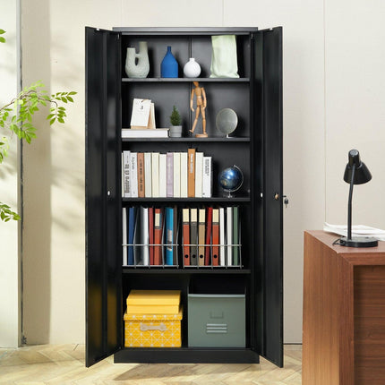Metal Storage Cabinet with 2 Magnetic Doors and 4 Adjustable Shelves, 90 kg Capacity per Shelf, Locking Steel Storage Cabinet, 1.8 m Metal Cabinet with 3 Keys, for Office, Garage, Home, Black.