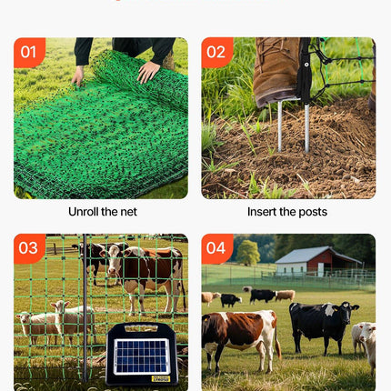 Electric Fence Netting, 0.88 x 49.98 m, PE Net Fencing with Posts & Double-Spiked Stakes, Utility Portable Mesh for Goats, Sheep, Lambs, Deer, Hogs, Dogs, Used in Backyards, Farms, and Ranches.