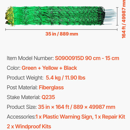 Electric Fence Netting, 0.88 x 49.98 m, PE Net Fencing with Posts & Double-Spiked Stakes, Utility Portable Mesh for Goats, Sheep, Lambs, Deer, Hogs, Dogs, Used in Backyards, Farms, and Ranches.